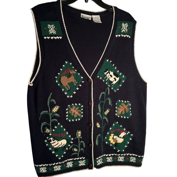Capacity Woman Jackets & Blazers - Capacity Woman Vintage Farm Animal Knit Sweater Vest Navy Blue 1X Hors Cow Sheep